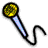 Pixelated static icon of a microphone with yellow and green circular head, blue gradient handle, and black coiled cord on white background.