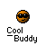 Pixelated orange sphere with black sunglasses and a small smile, positioned above text reading 'Cool - Buddy' on a gray background.