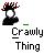A pixelated character with red spiky hair and a white face, wearing black clothing, appears in multiple positions above text reading "Crawly Thing"