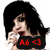 Pixelated image of a person with long black hair holding a white object near their face, wearing a black garment with red text.