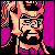 Pixelated static icon featuring a stylized character with pink and orange tones against black background, surrounded by purple side panels.