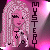 Pixelated icon of a figure with long pink hair, closed eyes, and a smiling mouth against a pink gradient background.