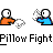 Animated contact sheet of 13 pixel art frames showing two stick figures fighting with pillows, each frame depicting a different stage of the pillow fight sequence.