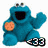 Blue Cookie Monster with open mouth and raised hand holding an orange cookie, next to black and white '<33' text on white background.