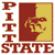 Pixelated logo with vertical 'PITT' text, horizontal 'STATE' text, and a split red-yellow background featuring a stylized horse head.