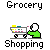Pixelated character in green shirt pushes shopping cart with yellow items; text labels change from 'Grocery' to 'Shopping Grocery' and then 'Shopping'.