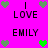A bright pink background displays repeated text "I LOVE EMILY" with green and gray heart icons, some of which change color between frames.