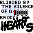 Pixelated text repeats 'BLINDED BY THE SILENCE OF A 1000 BROKEN HEARTS' with red and black lettering on a white background, some letters glitched or distorted.