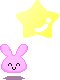 Pixelated yellow star with white curved line, pink bunny head with closed eyes and smile, and yellow star with 'home' text on gray background.