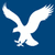 White pixelated eagle silhouette with outstretched wings on solid blue background, rendered in low-resolution digital style.