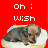 Red background with four showing a dog on bread, text changes across including "Oh : wish", "; was an", and "wiener"