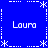 Blue background with white pixelated text "Laura" in four corners and white star-like symbols at intersections of dashed lines.