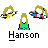 Animated contact sheet of a yellow stick figure with red center and green stem performing various poses above the name "Hanson" on gray background.