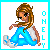 Pixel art of a seated female character with long brown hair, wearing blue pants and white sneakers, against a white background with vertical cyan text.