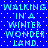 Pixelated blue background with white dots and repeated cyan text reading "WALKING IN A WINTER WONDERLAND" in two vertical