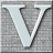 Static pixelated image of a stylized letter V with light blue fill and dark gray outline on a textured gray background.