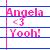 Pixelated static buddy icon with pink and blue text on a white background, featuring the name "Angela" at top, heart symbol in middle, and "Yoooh!" at bottom.