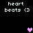 Pixelated text 'heart beats <3' appears four times on a black background with two distinct heart icons in different positions.