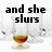 A static image with three text blocks and a glass of amber liquid, showing text changes from 'and she slurs' to 'no....' to 'just one more'.
