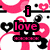 Pixelated icon with pink and black elements featuring the word 'love' in bold pink letters on a black background, surrounded by hearts and abstract shapes.