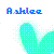 Pixelated text 'Ashlee' in blue and purple hues above a cyan heart shape with light green pixel accents on white background.