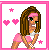 Pixelated cartoon woman with brown braided hair and pink headband, wearing pink top, holding hands near chest against white background with pink hearts and stars.