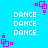 Pixelated blue background with repeated white 'DANCE' text and purple square patterns.