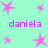 A static image with a light green background featuring pink star shapes and purple text reading "daniela" in four locations.