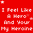 Red background with white pixelated text repeating 'I Feel Like A Hero And Your My Heroine' and small pink stars scattered throughout.