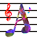 musical note icons with color-changing treble clefs and small floating notes on a gray staff background