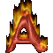 A stylized red letter A engulfed in orange and yellow flames with black charred edges, displayed across three showing slight flame movement