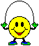 Yellow smiley face character with black eyes and red mouth, wearing blue shoes with green soles, holding a jump rope in two poses.