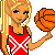 Pixel art buddy icon featuring a blonde female character in red sports uniform holding an orange basketball with text "Bball cutie" on the right side.