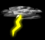 Gray storm clouds with a yellow lightning bolt striking downward, transitioning to a cloud without the lightning bolt.