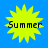 Four identical yellow sunburst icons with black text reading 'Summer' on a blue background, arranged in a