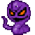 Purple pixelated creature with glowing orange eyes, black mouth, and raised arm against gray background