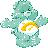 Pixelated green cartoon character with large eyes, yellow chest marking, and outstretched arms against white background.