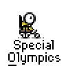 Animated contact sheet of a pixel art stick figure playing basketball for Special Olympics, showing sequential motion across 15 frames with orange ball and yellow outfit on gray background.
