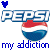 Pixelated Pepsi logo with red white and blue stripes, 'my addiction' text below in blue and red, two heart icons above.