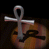 Animated sequence of a metallic ankh symbol rotating against a striped circular background with black ribbon-like shapes.