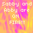 Pixelated text reads "Sabby and Abby are ON FIRE!!!" over a yellow-orange gradient background with pinkish-purple flame-like patterns.