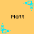 Pixelated cyan geometric shapes rotate clockwise on a solid yellow background with repeated "Matt" text below each shape set.