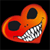 A pixelated orange-red heart-shaped figure with two black oval eyes and a wide checkered mouth on a black background.