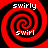 Four identical red and black spiral patterns arranged in a , each containing the text 'swirly' at the top and 'swirl' at the bottom