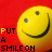 Yellow spherical smiley faces with black eyes and curved smiles on a red background, each paired with text reading "PUT A SMILE ON" in yellow and black lettering.