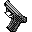 Pixelated black-and-white handgun with checkered grip, shown in two states: idle and firing with muzzle flash.