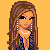 Pixel art contact sheet showing a female character in multiple poses with yellow text elements on an orange background.