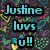 Pixelated text reads "Justine luv's u!!" over a multicolored abstract background with swirling patterns.