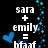Pixelated black background with white text 'sara + emily =', blue heart, and partial word 'lifet' in pixel font.