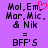 Purple background with pixelated text reading 'Mol. Em Mor. Mic. & Nik = BFF'S' and a red heart symbol above the 'Em'.